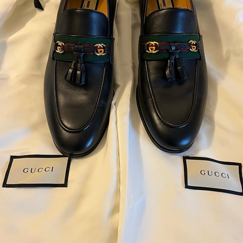 Gucci Black Loafers with Tassels and Gold Hardware